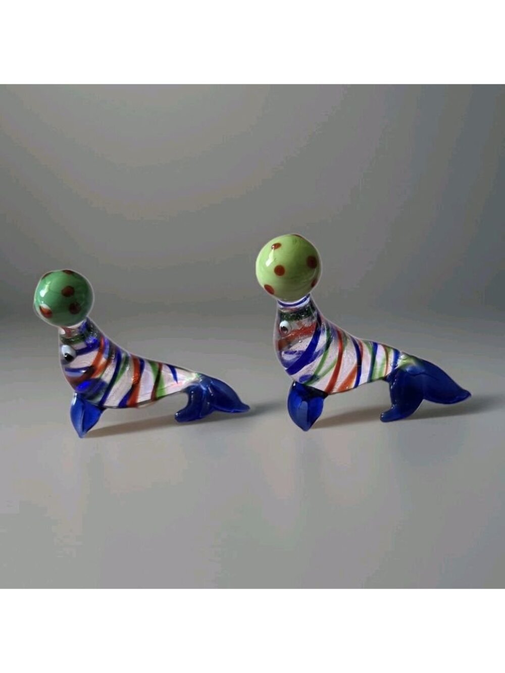 Vintage Murano Style Blown Glass Seal Figurine Set Balancing Ball Miniatures